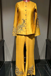 Mustard Chanderi Silk Hand Embroidered Cape Jacket Set